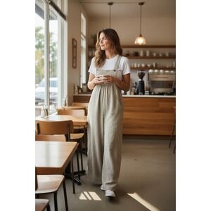 Lilith Paris Linen Gingham Jumpsuit Overalls Size US 6 Lagenlook Wide Leg